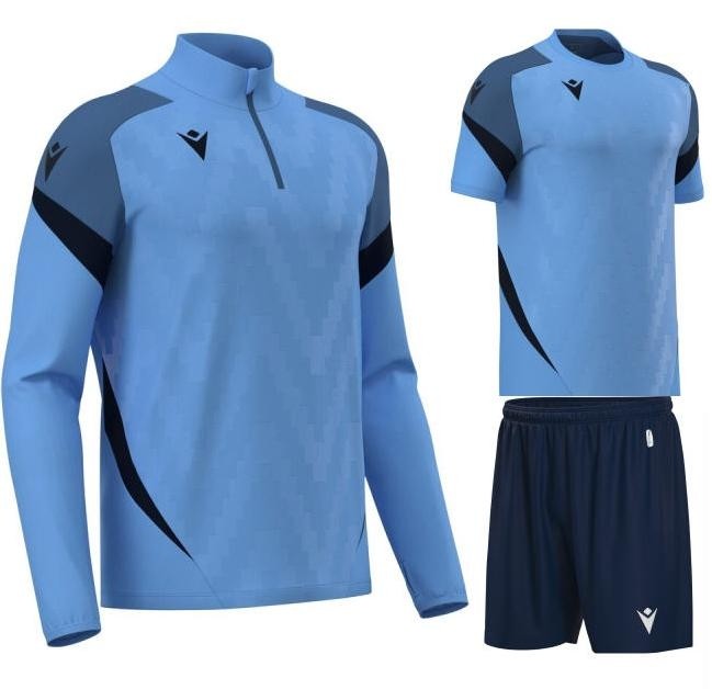 Męski komplet treningowy Macron Starfall – niebieska bluza z zamkiem pod szyją, niebieska koszulka meczowa Totem oraz granatowe spodenki sportowe Skara.