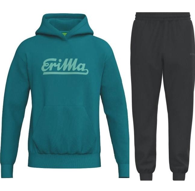 Męski dres bawełniany Erima Retro – turkusowa bluza z kapturem i białym napisem Erima oraz czarne spodnie dresowe ze ściągaczami.