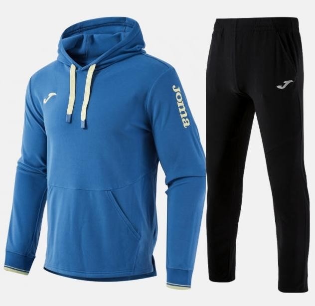 Męski dres sportowy Joma Invictus w kolorze niebieskim – bluza z kapturem typu hoodie oraz dopasowane spodnie dresowe ze ściągaczami.
