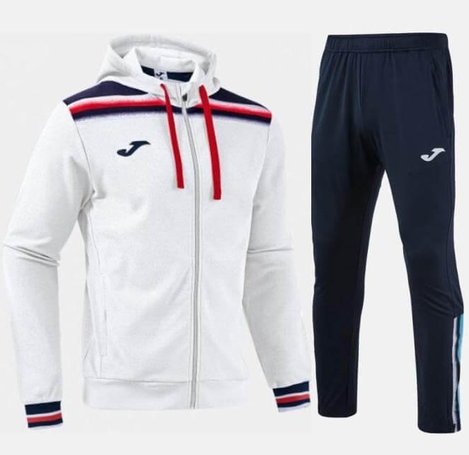 Męski dres tenisowy Joma Toledo II – biała bluza treningowa z kapturem na zamek oraz granatowe spodnie sportowe z białymi detalami.