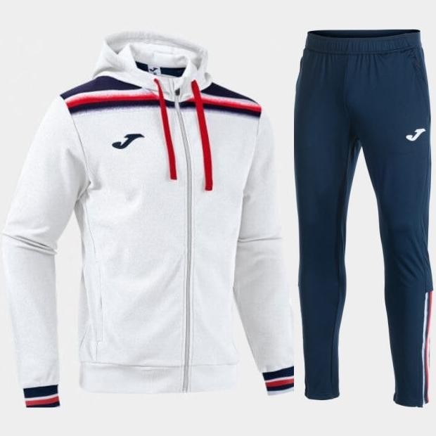 Męski dres tenisowy Joma Toledo II – biała bluza treningowa z kapturem na zamek oraz granatowe spodnie sportowe z białymi detalami.