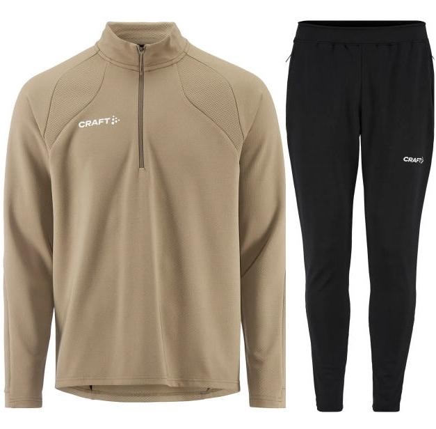 Męski dres treningowy Craft Extend 2.0 – beżowa bluza treningowa z krótkim zamkiem pod szyją oraz dopasowane czarne spodnie dresowe z białym logo Craft.