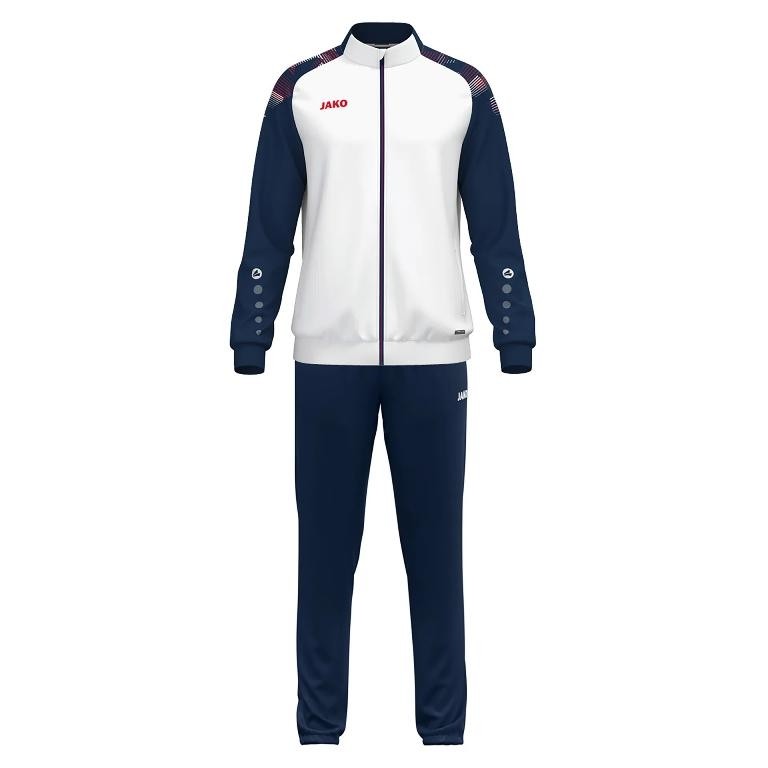 Męski dres treningowy JAKO Sonic – biała bluza treningowa z granatowo-czerwonymi detalami na rękawach oraz granatowe spodnie dresowe.