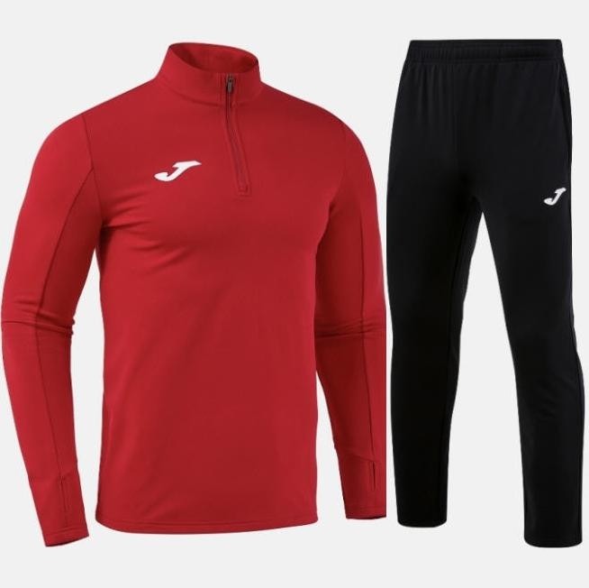 Męski dres treningowy Joma Combi Pro – czerwona bluza z krótkim zamkiem pod szyją i czarne spodnie treningowe z logo Joma.