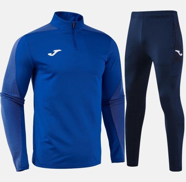 Męski dres treningowy Joma Eagle – niebieska bluza z krótkim zamkiem pod szyją oraz granatowe spodnie dresowe z logo Joma.