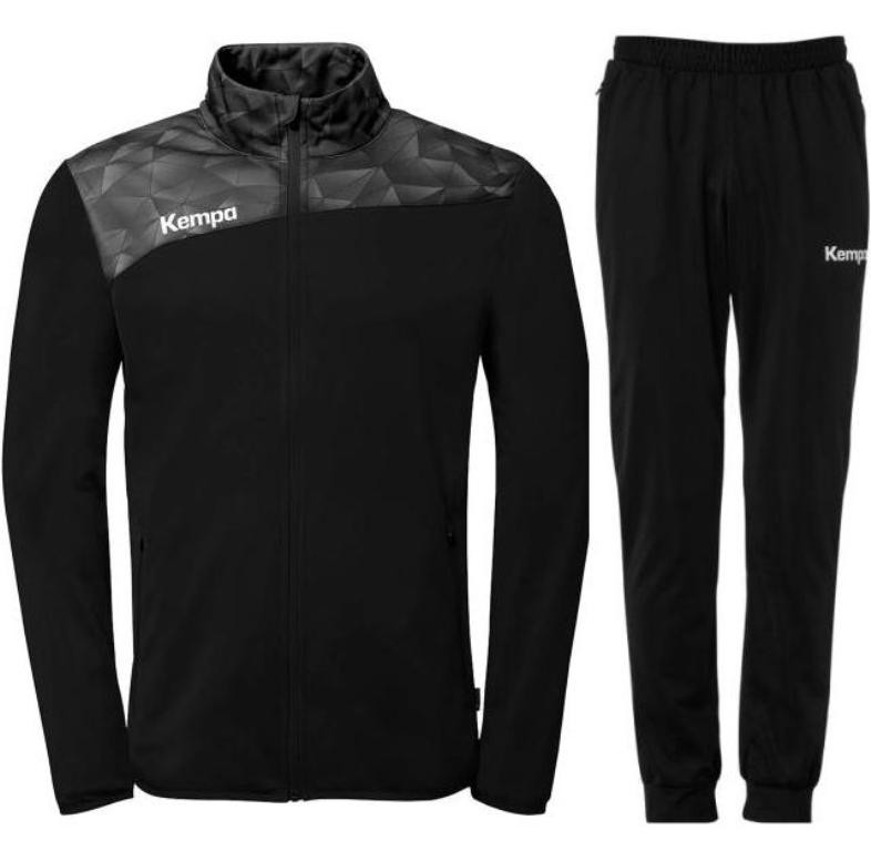 Męski dres treningowy Kempa – czarna bluza Athletics 29 z zamkiem oraz czarne spodnie Lite Training z białym logo Kempa.