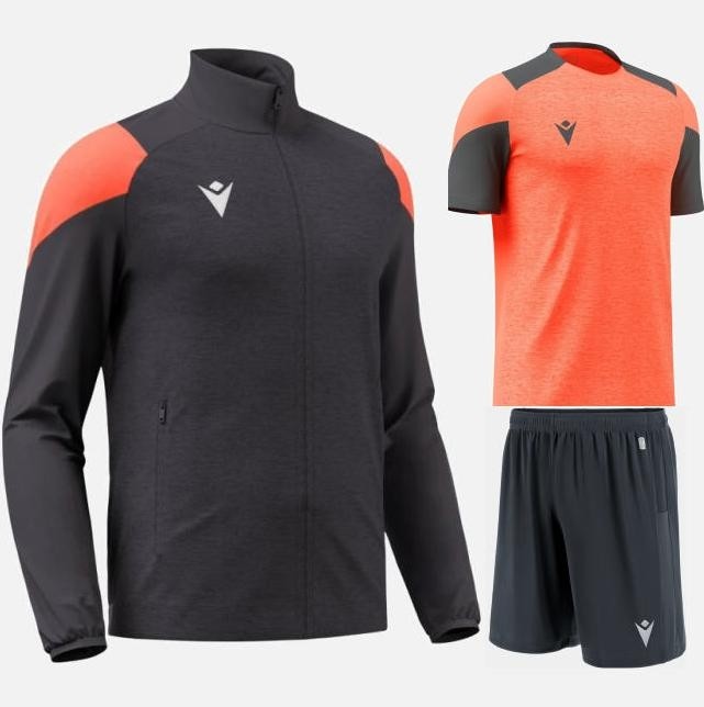 Męski komplet treningowy Macron Vanir – antracytowa bluza sportowa z koralowymi wstawkami na zamek, koralowa koszulka meczowa Golem i antracytowe spodenki.