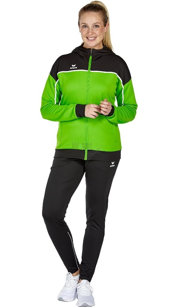 Damski dres treningowy Erima Change – zielona bluza z kapturem wykonana z poliestru z recyklingu oraz czarne techniczne spodnie treningowe Erima Performance.