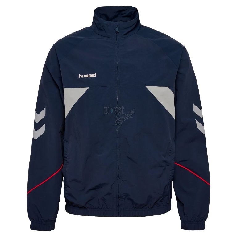 Granatowa bluza sportowa męska Hummel World 26 z zamkiem błyskawicznym i charakterystycznymi szewronami na rękawach.