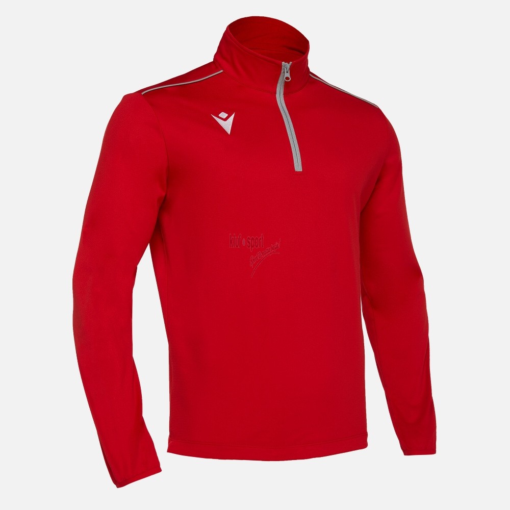 Męska bluza treningowa Macron Havel w kolorze czerwonym – model z zamkiem pod szyją 1/4 zip i białym logo Macron na piersi.
