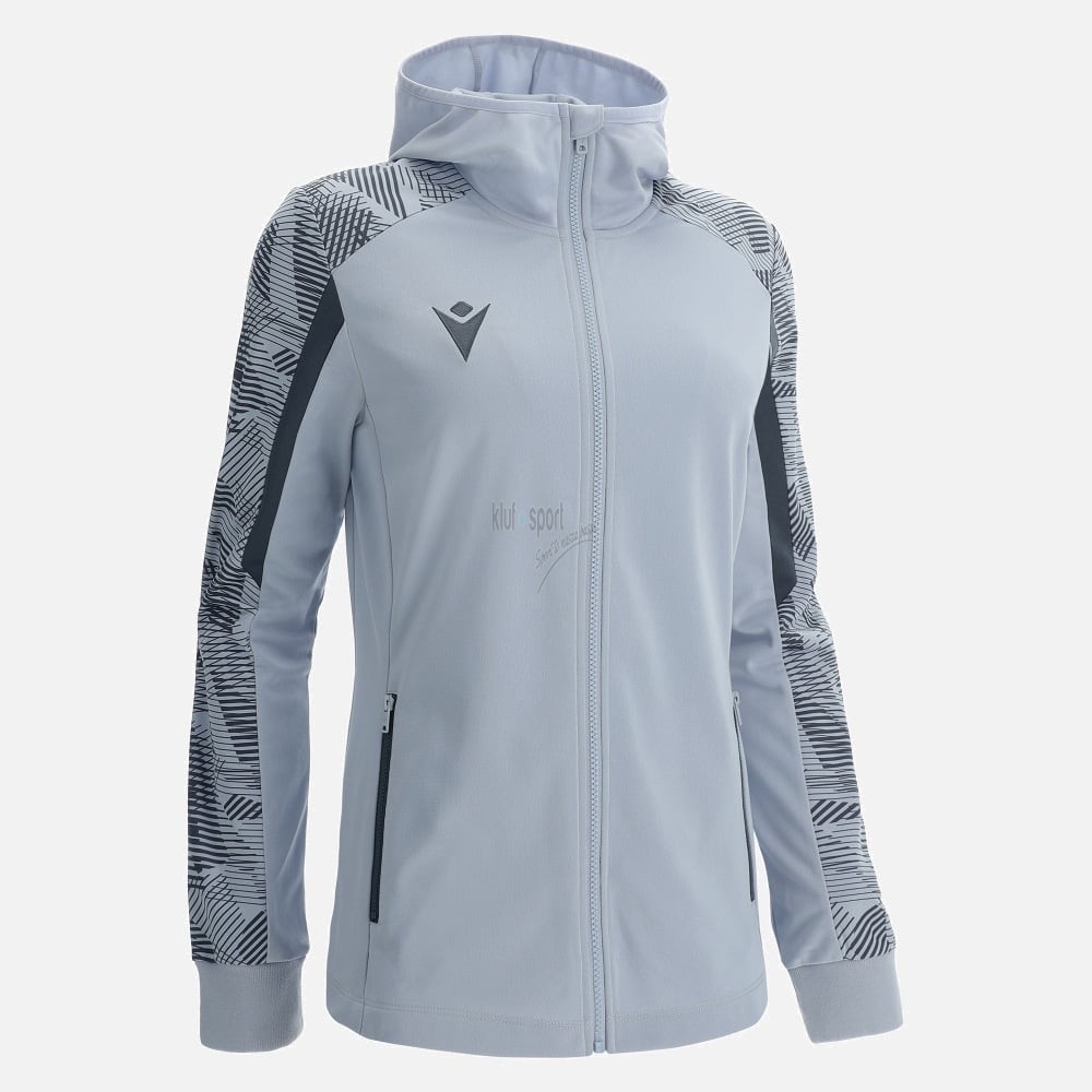 Damska bluza treningowa z kapturem Macron Aphrodite Excellence – popielaty model melanżowy z antracytowymi panelami na ramionach i białym logo Macron Hero.