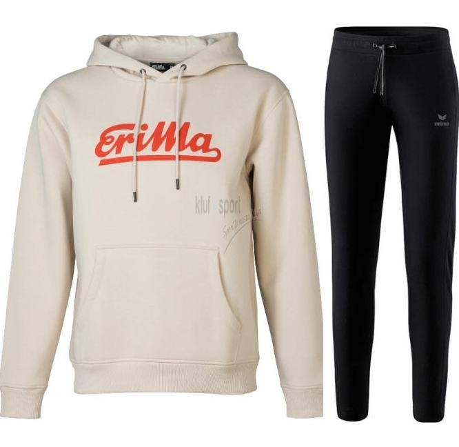 Damski dres bawełniany Erima Retro Fashion – kremowo-biała bluza z kapturem i dużym czerwonym logo oraz czarne, dopasowane spodnie sportowe.