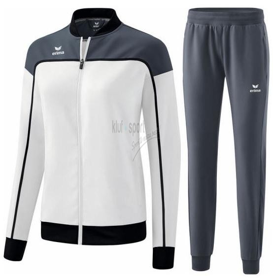 Damski dres tenisowy Erima Change – biała bluza sportowa rozpinana na zamek o taliowanym kroju z popielatymi detalami oraz popielate spodnie.