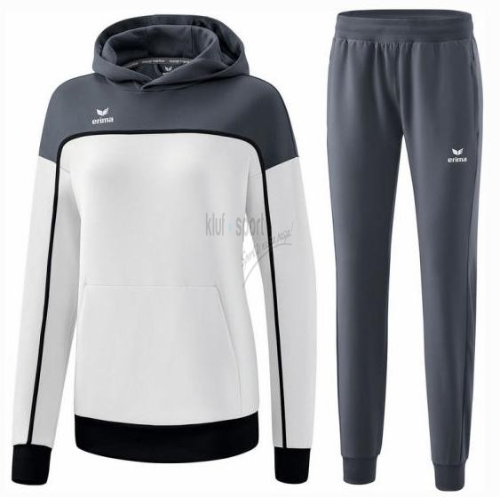 Damski dres tenisowy Erima Change – biała bluza z kapturem wkładana przez głowę z popielatymi detalami oraz dopasowane popielate spodnie sportowe.
