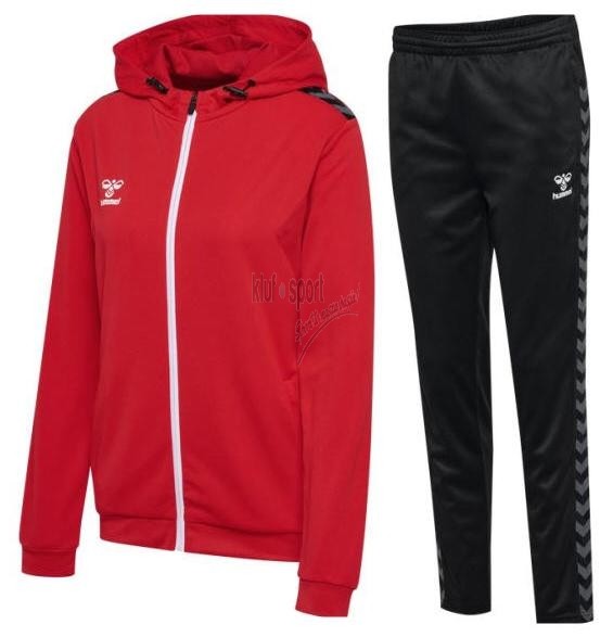 Damski dres treningowy Hummel Authentic – czerwona bluza z długim rękawem i białymi szewronami oraz czarne, dopasowane spodnie sportowe.