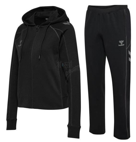Damski czarny dres sportowy Hummel Move 2.0 – rozpinana bluza z kapturem oraz spodnie dresowe z szarymi szewronami na nogawce.