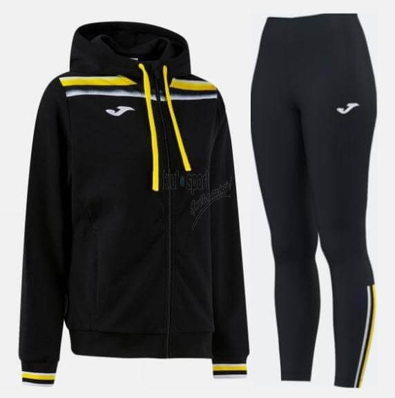 Damski dres sportowy Joma Toledo II – czarna bluza z żółtymi detalami zapinana na zamek oraz czarne legginsy sportowe z żółtym paskiem.