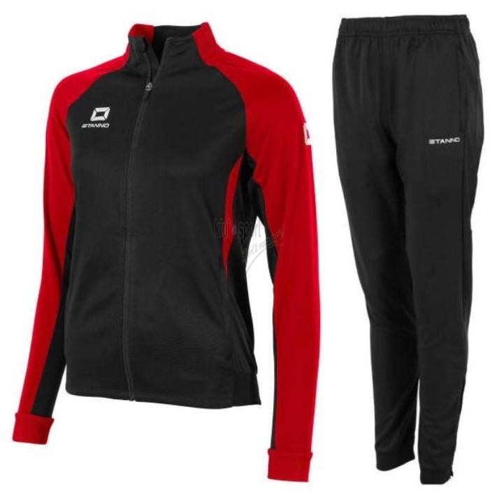 Damski dres treningowy Stanno Stadio – czarna rozpinana bluza ze stójką i czerwonymi rękawami raglanowymi oraz dopasowane czarne spodnie sportowe.