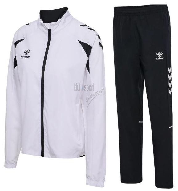 Damski dres sportowy Hummel Core 2.0 – biała rozpinana bluza z czarnymi detalami oraz czarne spodnie sportowe o prostym fasonie.
