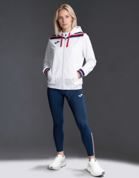 Damski dres tenisowy Joma Toledo II – biała bluza z kapturem zapinana na zamek oraz granatowe legginsy sportowe long tights.