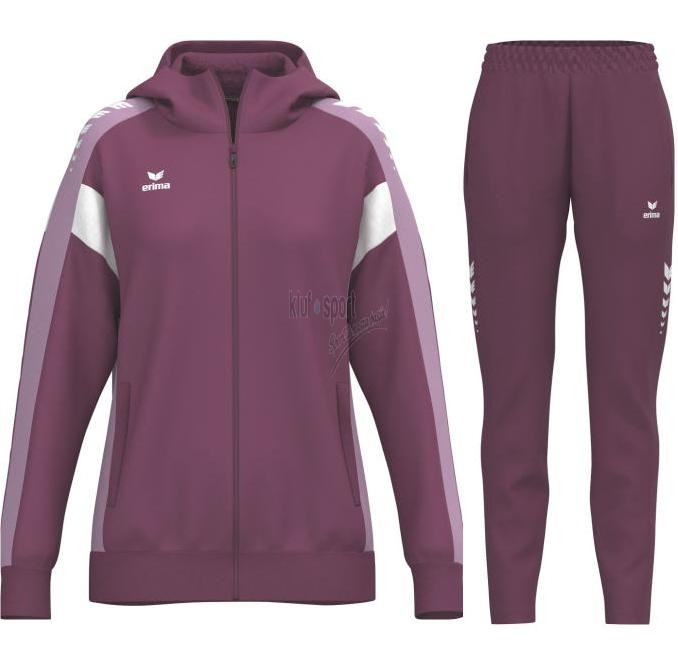 Damski dres treningowy Erima Celebrate 125 w kolorze fioletowym – bluza z kapturem i jasnofioletowymi wstawkami oraz dopasowane spodnie sportowe.