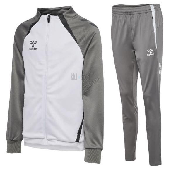 Damski dres treningowy Hummel Lead 2.0 – szaro-biała bluza rozpinana na zamek o taliowanym kroju oraz szare zwężane spodnie sportowe.
