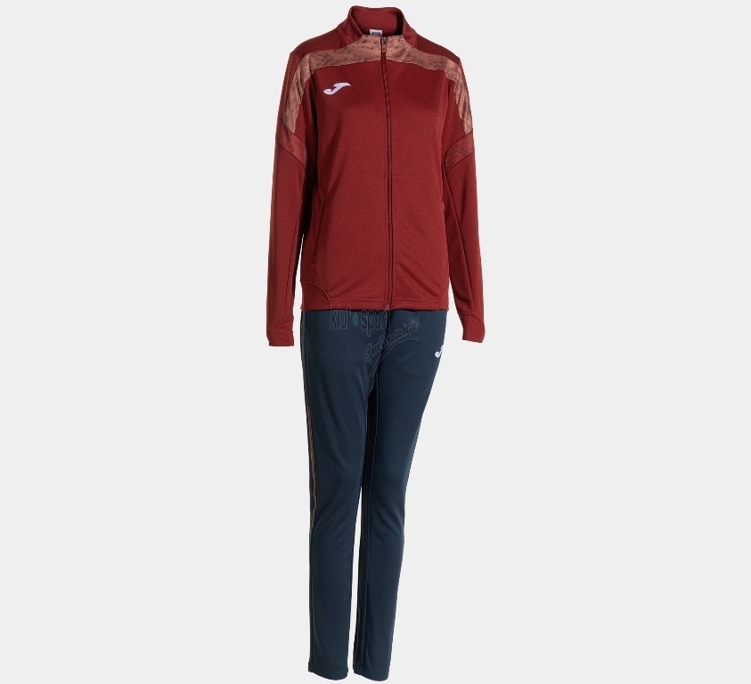 Damski dres treningowy Joma Champion VIII – bordowa bluza zapinana na zamek z nowoczesnym wzorem na rękawach i granatowe spodnie dresowe.