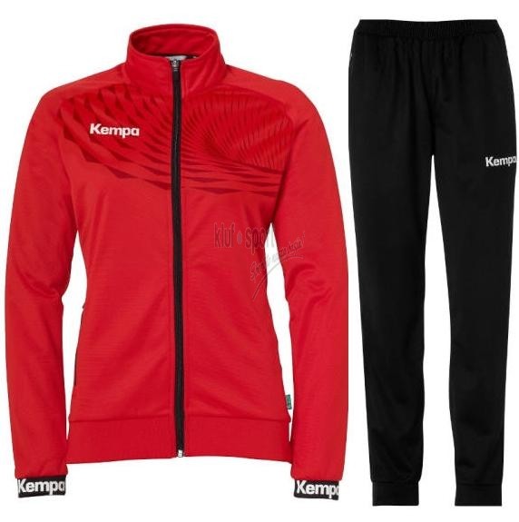 Damski dres treningowy Kempa Wave 26 – czerwona bluza rozpinana na zamek o kobiecym kroju oraz czarne spodnie dresowe Kempa Wave 26.