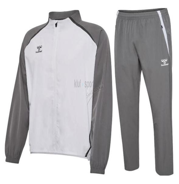 Męski dres sportowy Hummel Lead 2.0 – jasnoszara bluza rozpinana z białymi rękawami oraz szare spodnie sportowe z prostymi nogawkami.