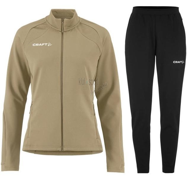 Damski dres treningowy Craft Extend 2.0 – beżowa bluza rozpinana ze stójką (Ladies Fit) oraz czarne, dopasowane spodnie sportowe z logo Craft.