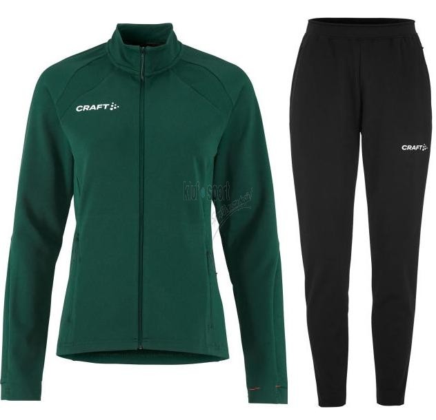 Damski dres sportowy Craft Extend 2.0 – zielona rozpinana bluza treningowa z białym logo i czarne spodnie dresowe o sportowym kroju.