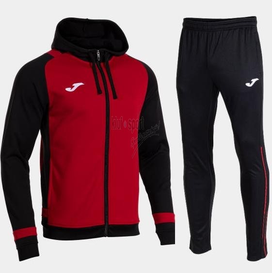 Męski dres treningowy Joma Lider – czerwona bluza z kapturem zapinana na zamek z czarnymi panelami oraz czarne spodnie dresowe z czerwonym logo.