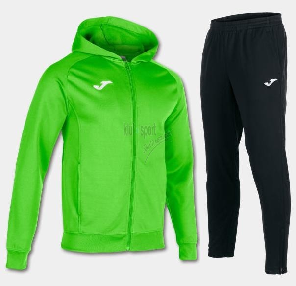 Męski dres treningowy Joma Menfis – zielona bluza rozpinana z kapturem oraz czarne spodnie treningowe z białym logo Joma.
