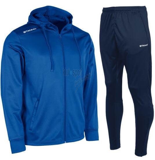 Męski dres sportowy Stanno Field – niebieska rozpinana bluza z kapturem oraz granatowe spodnie treningowe z białym logo Stanno.