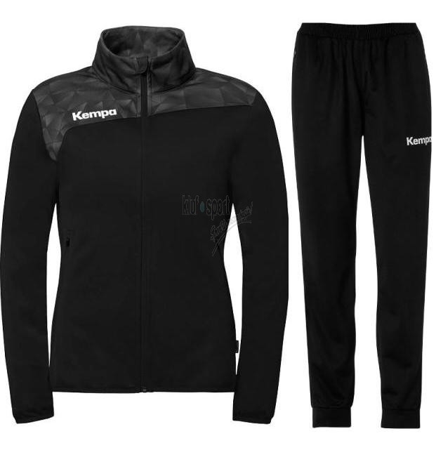 Damski dres treningowy Kempa Athletics 29 w kolorze czarno-antracytowym – komplet bluza poliestrowa i spodnie.