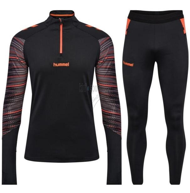 Męski dres treningowy Hummel Blaze Pro – czarna bluza z krótkim pomarańczowym zamkiem i wzorem na rękawach oraz dopasowane czarne spodnie dresowe.