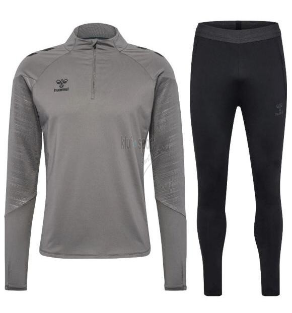 Męski dres treningowy Hummel Pro Training – popielata bluza z krótkim zamkiem 1/2 zip oraz dopasowane czarne spodnie dresowe z technicznego materiału z recyklingu.