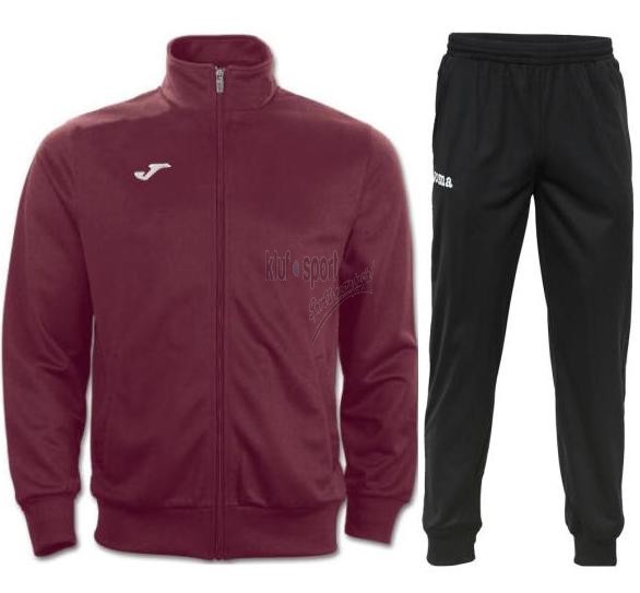 Męski dres treningowy Joma Gala – bordowa bluza zapinana na zamek oraz czarne spodnie dresowe z prostą nogawką i logo Joma.