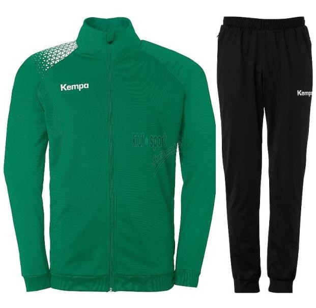 Męski dres treningowy Kempa Ambition 28 – zielona bluza sportowa rozpinana na zamek z czarnymi detalami oraz czarne spodnie treningowe Kempa.