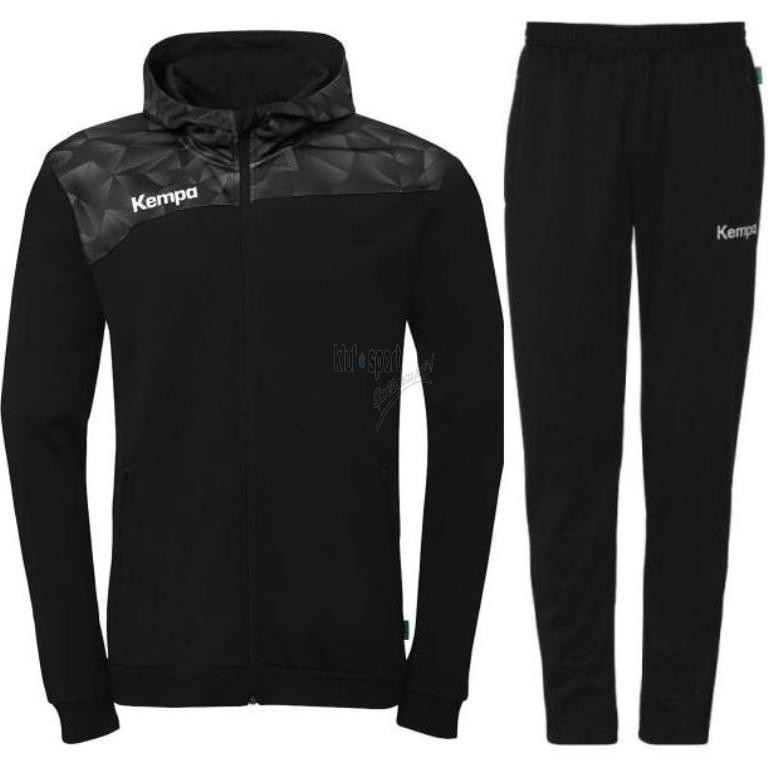 Męski dres treningowy Kempa – czarna rozpinana bluza z kapturem Athletics 29 oraz czarne spodnie treningowe Kempa Motion.