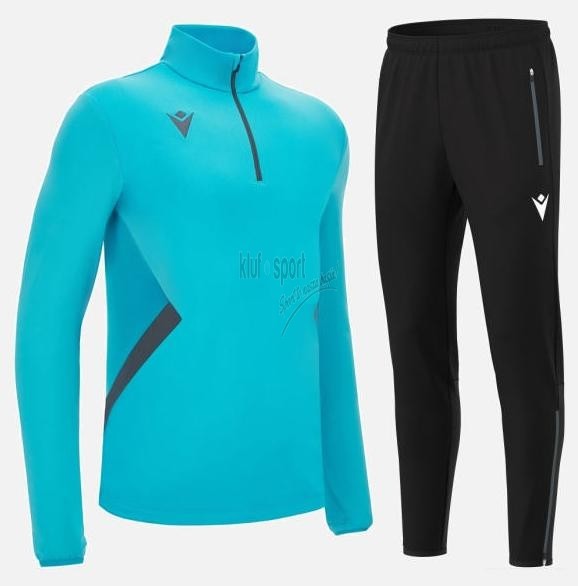 Męski dres treningowy Macron Fraser Victory z niebieską bluzą 1/4 zip i czarnymi spodniami sportowymi.