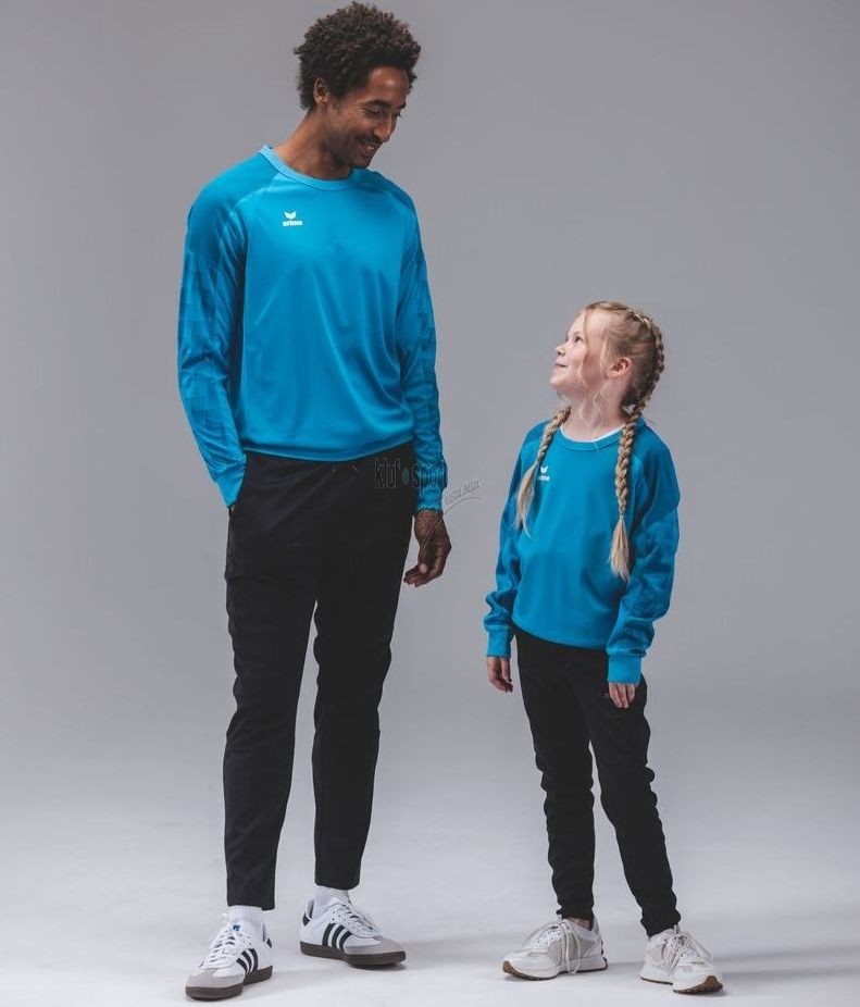 Męski dres treningowy Erima Evo Star – turkusowa bluza typu sweatshirt z okrągłym dekoltem oraz dopasowane czarne spodnie sportowe.
