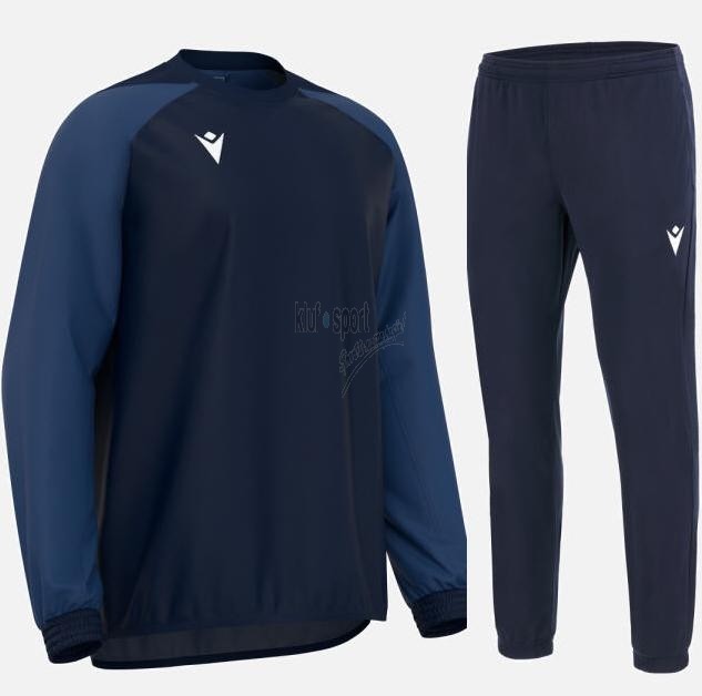 Męski niebieski dres treningowy Macron Skarn z bluzą 1/4 zip, geometrycznym wzorem na rękawach i czarnymi spodniami Contact.