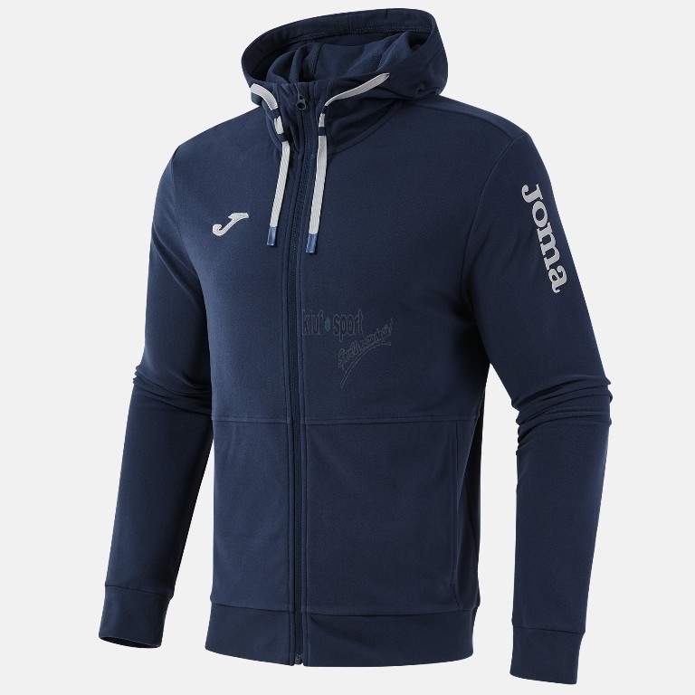Męska bluza sportowa Joma Invictus w kolorze granatowym – model zapinany na pełny zamek z kapturem i logotypem Joma na rękawie.