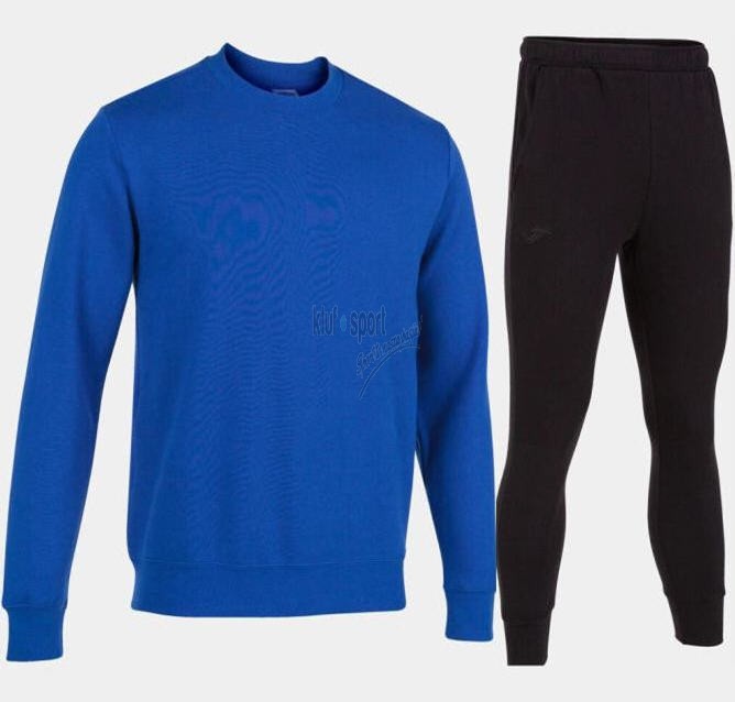 Męski dres bawełniany Joma Montana – niebieska bluza sportowa z logo Joma oraz klasyczne czarne spodnie dresowe ze ściągaczami.