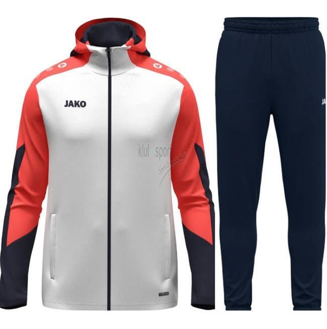 Męski dres sportowy Jako Dynamic – biała rozpinana bluza z kapturem i granatowe spodnie dresowe z pomarańczowymi akcentami.