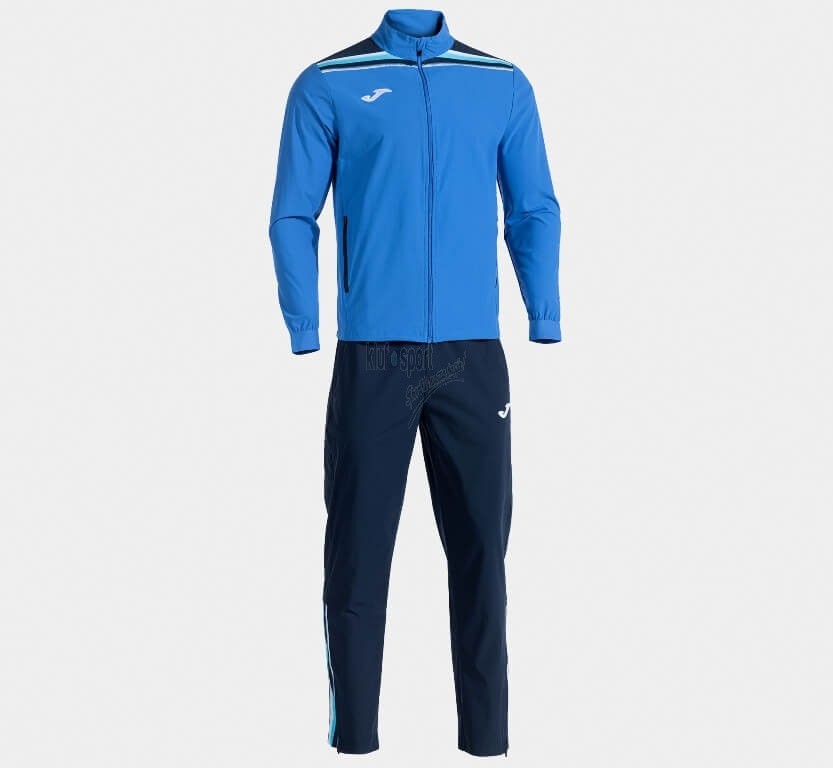 Męski dres treningowy Joma Toledo II – niebieska bluza sportowa zapinana na pełny zamek z granatowymi detalami oraz dopasowane spodnie treningowe.