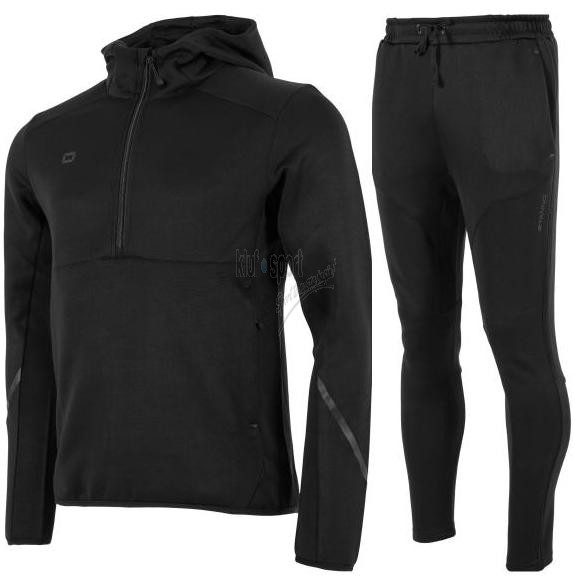 Męski dres sportowy Stanno Plaza – czarna bluza premium z kapturem i krótkim zamkiem 1/4 oraz dopasowane czarne spodnie dresowe typu jogger z subtelnym logo.