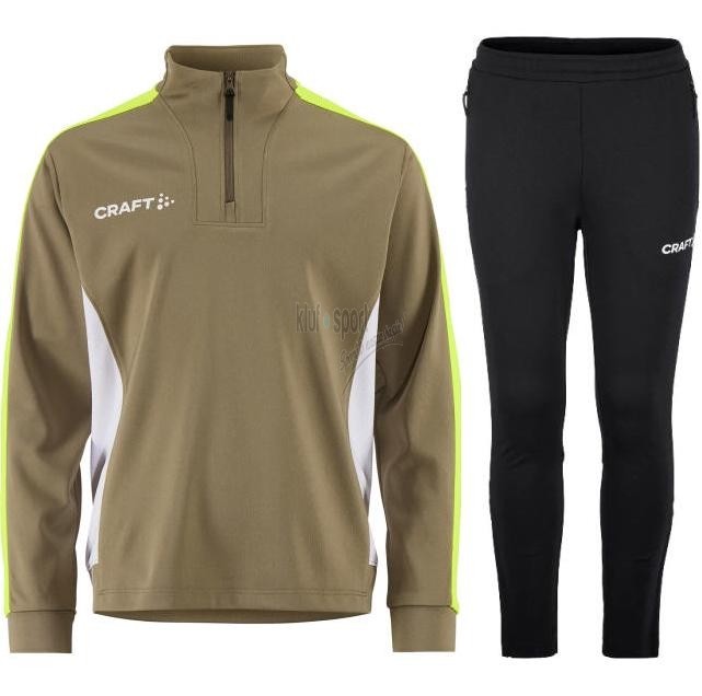 Męski dres treningowy CRAFT Evolve 2.0 Contrast – beżowa bluza z krótkim zamkiem i czarnymi detalami oraz dopasowane czarne spodnie sportowe.