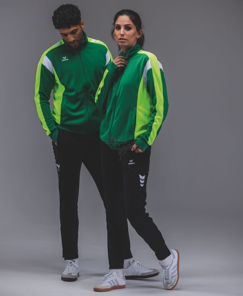 Męski zielony dres treningowy Erima Celebrate 125 – rozpinana bluza ze stójką i biało-limonkowymi wstawkami oraz czarne spodnie sportowe.